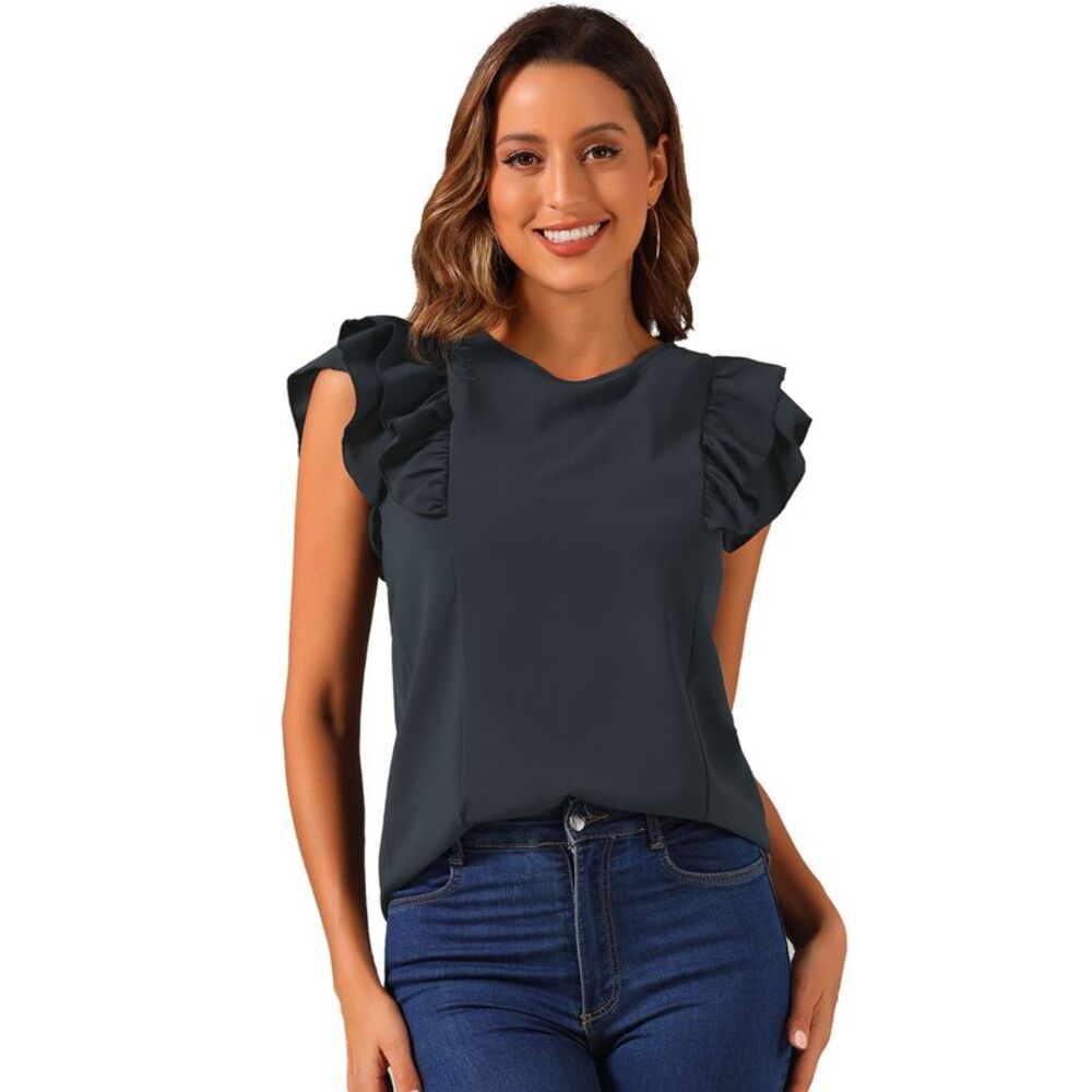 Ruffle Shirt Summer Round Neck Layer Cap Sleeve Blouse Tops Black